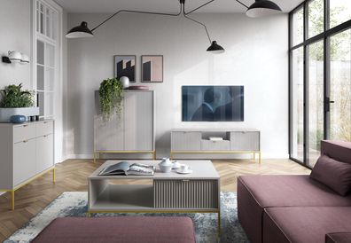 Wohnzimmer Komplett - Set S Worthing, 4-teilig, Farbe: Grau / Gold