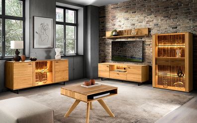 Wohnzimmer Komplett - Set A Nobres, 5- teilig, in Eiche / Natur, braunes Antisol