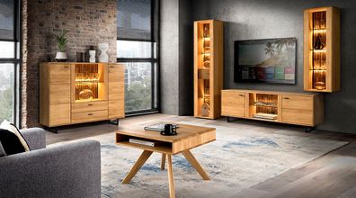 Wohnzimmer Komplett - Set C Nobres, 5-teilig, dekorative Eichenlamellen, LED-Bel