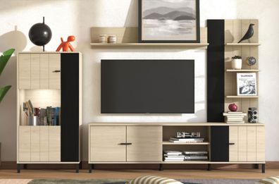 Wohnwand | Farbe: Eiche Artislight Port / Schwarzeiche | 1 Vitrine | getöntes Gl