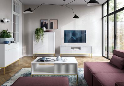 Wohnzimmer Komplett - Set I Worthing, 4-teilig, Farbe: Weiß / Gold