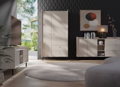 Wohnzimmer Set | 3-teilig | Farbe: Beige mit Holzstruktur | Beine und Griffe: Me