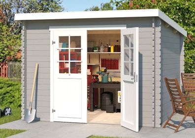 Gartenhaus G276 Lichtgrau - 28 mm Blockbohlenhaus, Grundfläche: 6,05 m², Pultdac