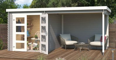 Gartenhaus G280 Lichtgrau - 28 mm Blockbohlenhaus, Grundfläche: 10,47 m², Flachd