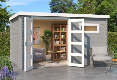 Gartenhaus G272 Lichtgrau - 28 mm Blockbohlenhaus, Grundfläche: 8,40 m², Flachda