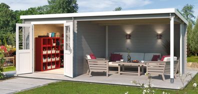 Gartenhaus G273 Lichtgrau - 28 mm Blockbohlenhaus, Grundfläche: 15,74 m², Pultda
