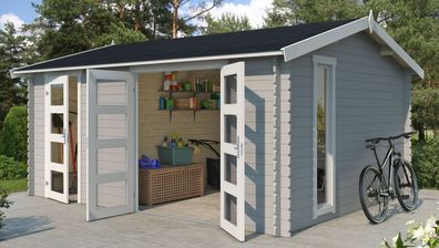 Gartenhaus G268 Lichtgrau - 28 mm Blockbohlenhaus, Grundfläche: 15,96 m², Sattel
