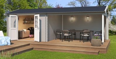 Gartenhaus G271 Lichtgrau - 28 mm Blockbohlenhaus, Grundfläche: 22,85 m², Sattel