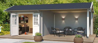 Gartenhaus G278 Lichtgrau - 34 mm Blockbohlenhaus, Grundfläche: 19,74 m², Sattel