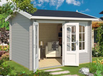 Gartenhaus G172 Lichtgrau inkl. Fußboden - 44 mm Blockbohlenhaus, Fläche: 7,02 m