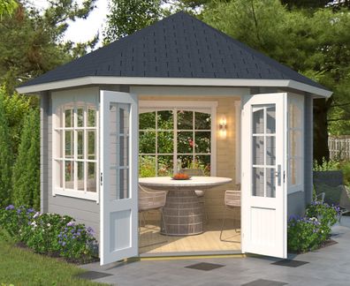 Gartenhaus G65 Lichtgrau inkl. Fußboden - 44 mm Blockbohlenhaus, Nutzfläche: 7,3