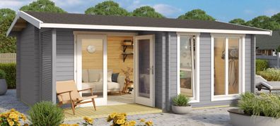 Gartenhaus G169 Lichtgrau inkl. Fußboden und Terrasse - 44 mm Blockbohlenhaus, G