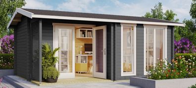 Gartenhaus G169 Carbongrau inkl. Fußboden und Terrasse - 44 mm Blockbohlenhaus,