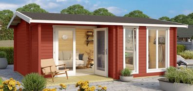 Gartenhaus G169 Schwedenrot inkl. Fußboden und Terrasse - 44 mm Blockbohlenhaus,