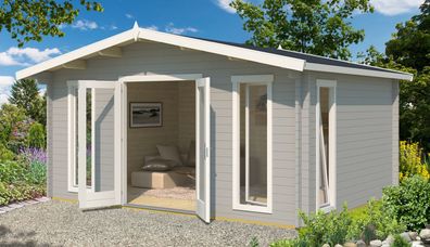 Gartenhaus G291 inkl. Fußboden, 480 x 360 cm, Lichtgrau, 44 mm Blockbohlenhaus,