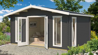 Satteldach Gartenhaus G291 mit Premium Isolierverglasung, Carbongrau, 480 x 360