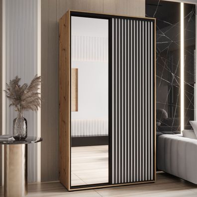 Kleiderschrank mit Spiegel Mina in Weiß/Eiche, Metallgriffe in schwarz, platzspa