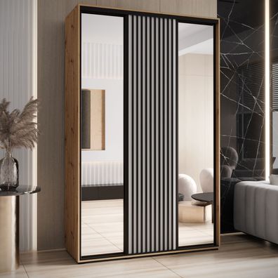 Schiebetürenschrank Mina mit Spiegeln, viel Stauraum, Metallgriff in schwarz, An