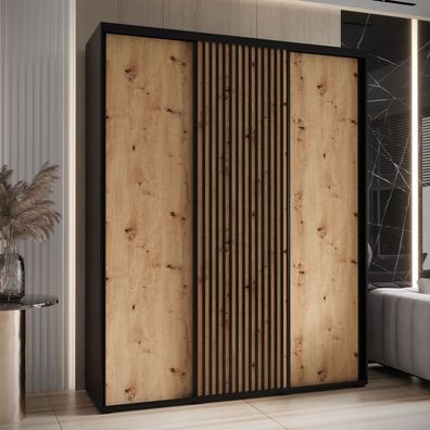 Schiebetürenschrank Tharo in Schwarz/Eiche, auch für Wohnzimmer geeignet, Anti S