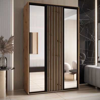 Schiebetürenschrank Mina mit Spiegeln in Eiche/Schwarz, Metallgriff in schwarz,