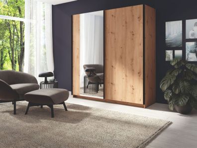 Schiebetürenschrank / Kleiderschrank Nikea, Farbe: Eiche Artisan - Abmessungen: