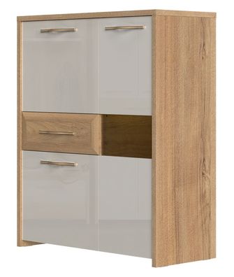 Vitrine Gataivai 28, Farbe: Beige Hochglanz / Walnuss - Abmessungen: 115 x 96 x