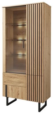 Vitrine Slatina 02, Farbe: Eiche / Schwarz, teilmassiv - Abmessungen: 203 x 91 x