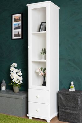 Schmale Vitrine Kiefer Vollholz Junco 35, in Weiß, 195 x 45 x 42 cm, mit 2 Schub