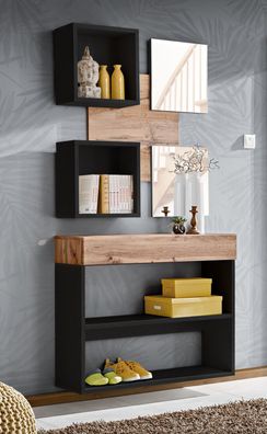 Garderobe Komplett - Set D Pollestad, 2-teilig, Farbe: Eiche Wotan / Schwarz, zw