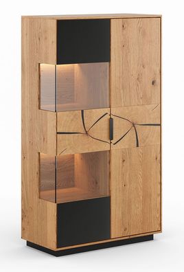 Vitrine Rania 18 mit 2 Türen, aus Massivholz, Eiche / Schwarz, 52 x 200 x 39 cm,