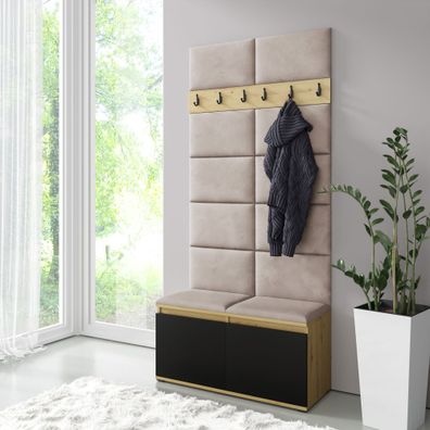 Kleine Garderobe 01 mit gepolsterter Sitzbank| Artisan/Schwarz/Beige Light | 21