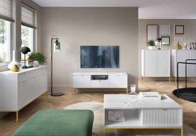 Wohnzimmer Komplett - Set J Worthing, 5-teilig, Farbe: Weiß / Gold