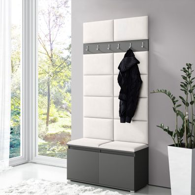 Schmale Garderobe 01 mit Sitzbank gepolstert, Farbe: Graphit/Cream, 215 x 100 x