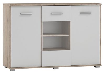 Vitrine Kavieng 10, Farbe: Eiche / Weiß - Abmessungen: 86 x 125 x 40 cm (H x B x
