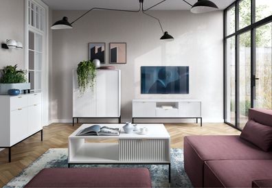Wohnzimmer Komplett - Set F Worthing, 4-teilig, Farbe: Weiß / Schwarz / Gold