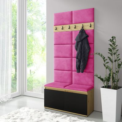 Garderobe 01 mit gepolsterter Sitzbank/Schuhschrank | Artisan/Schwarz/Pink | 215
