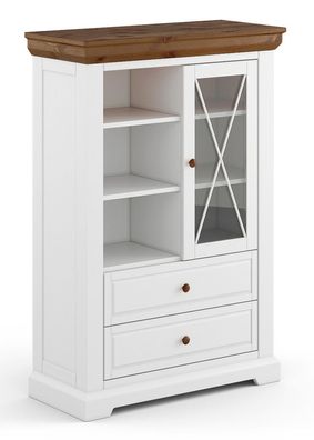 Vitrine Gimone 03 in Weiß / Tabacco, mit 1 Glastür, 2 Schubladen, 140 x 95 x 41