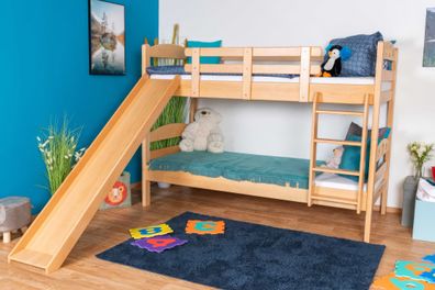 Etagenbett mit Rutsche 90 x 190 cm, Buche Massivholz Natur lackiert, umbaubar in