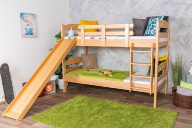 Stockbett mit Rutsche 80 x 200 cm, Buche Massivholz Natur lackiert, umbaubar in
