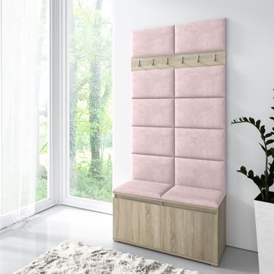 Vorraum Garderobe 01 mit gepolsterter Sitzbank und Wand, Sonoma Eiche/Flamingo,