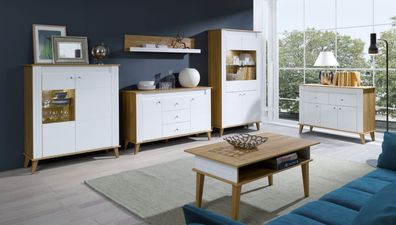 Wohnzimmer Komplett - Set B "Bambey", 6-teilig, Farbe: Eiche / Weiß