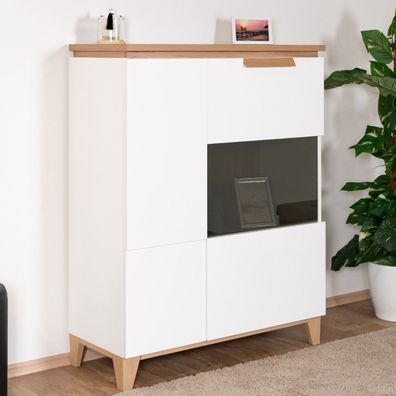 Elegante Vitrine Safotu 03, Weiß Hochglanz / Walnuss, 122 x 95 x 41 cm, zweifarb