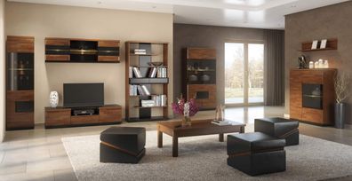 Wohnzimmer Komplett - Set A Postira, 11-teilig, teilmassiv, Farbe: Walnuss / Sch