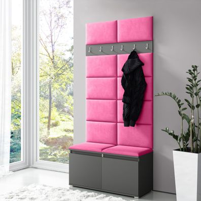 Garderobe 01 mit Pinken Polsterpaneele für Sitzbank und Wand, Graphit/Pink, 215