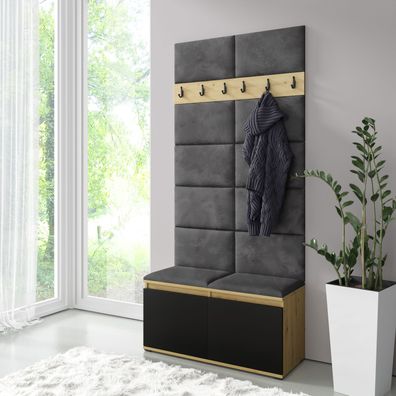 1 Meter breite Garderobe 01 mit Sitzbank/Wand gepolstert, Artisan/Schwarz/Light