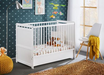 Babybett / Gitterbett mit Schublade Avaldsnes 11, Farbe: Weiß - Abmessungen: 90