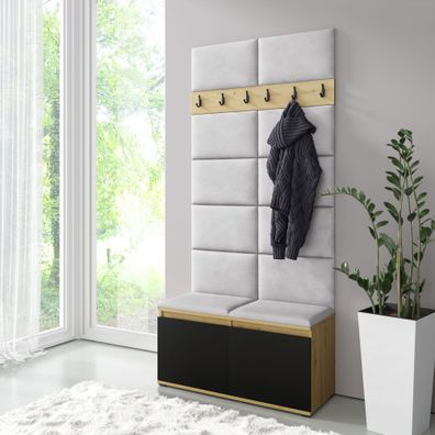 Schmale Garderobe 01 mit Sitzbank gepolstert, Farbe: Artisan/Schwarz/Silver, 215