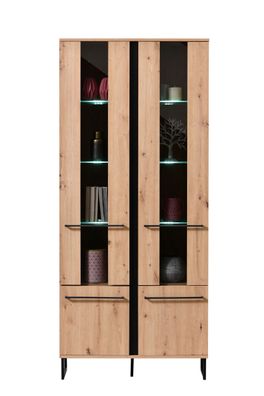Hohe Vitrine im Industrial Stil Crina 01, zwei Glastüren, Farbe: Eiche Artisan
