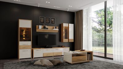 Wohnzimmer Komplett - Set K Gataivai, 6-teilig, Farbe: Beige Hochglanz / Walnuss