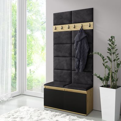 Garderobe 01 mit gepolsterter Sitzbank und Wand, Artisan/Schwarz/Black, Schuhsch
